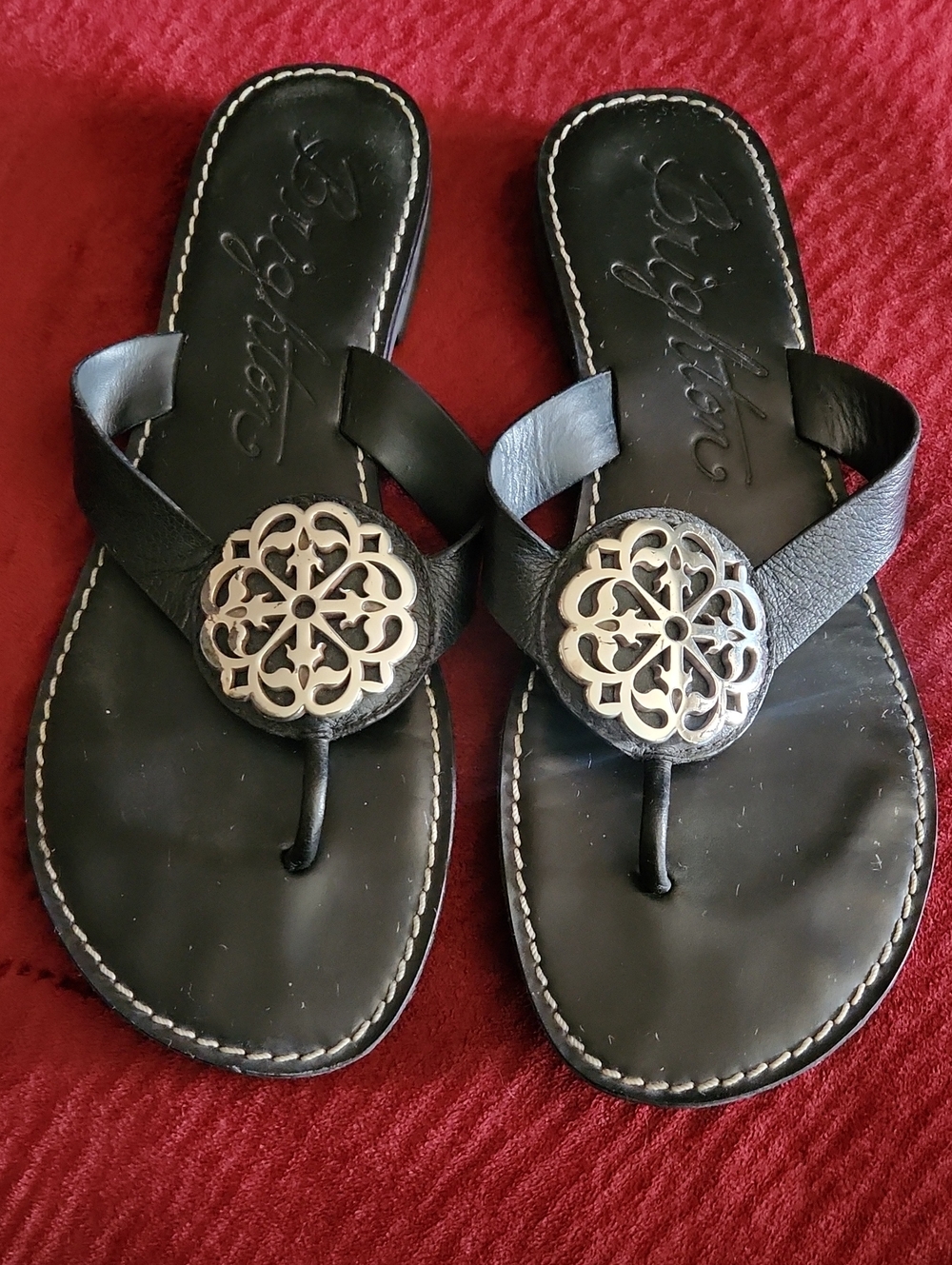 Brighton Black Leather Thong Sandals with Silver Filigree Medallions